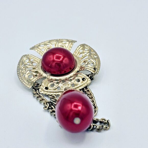 Victorian Revival Brooch Red Faux Draping Dangle Swag Chain Estate Jewelry Pin - Picture 2 of 9